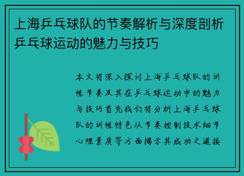 上海乒乓球队的节奏解析与深度剖析乒乓球运动的魅力与技巧