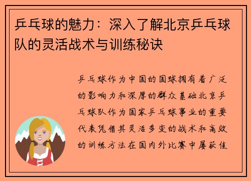 乒乓球的魅力：深入了解北京乒乓球队的灵活战术与训练秘诀
